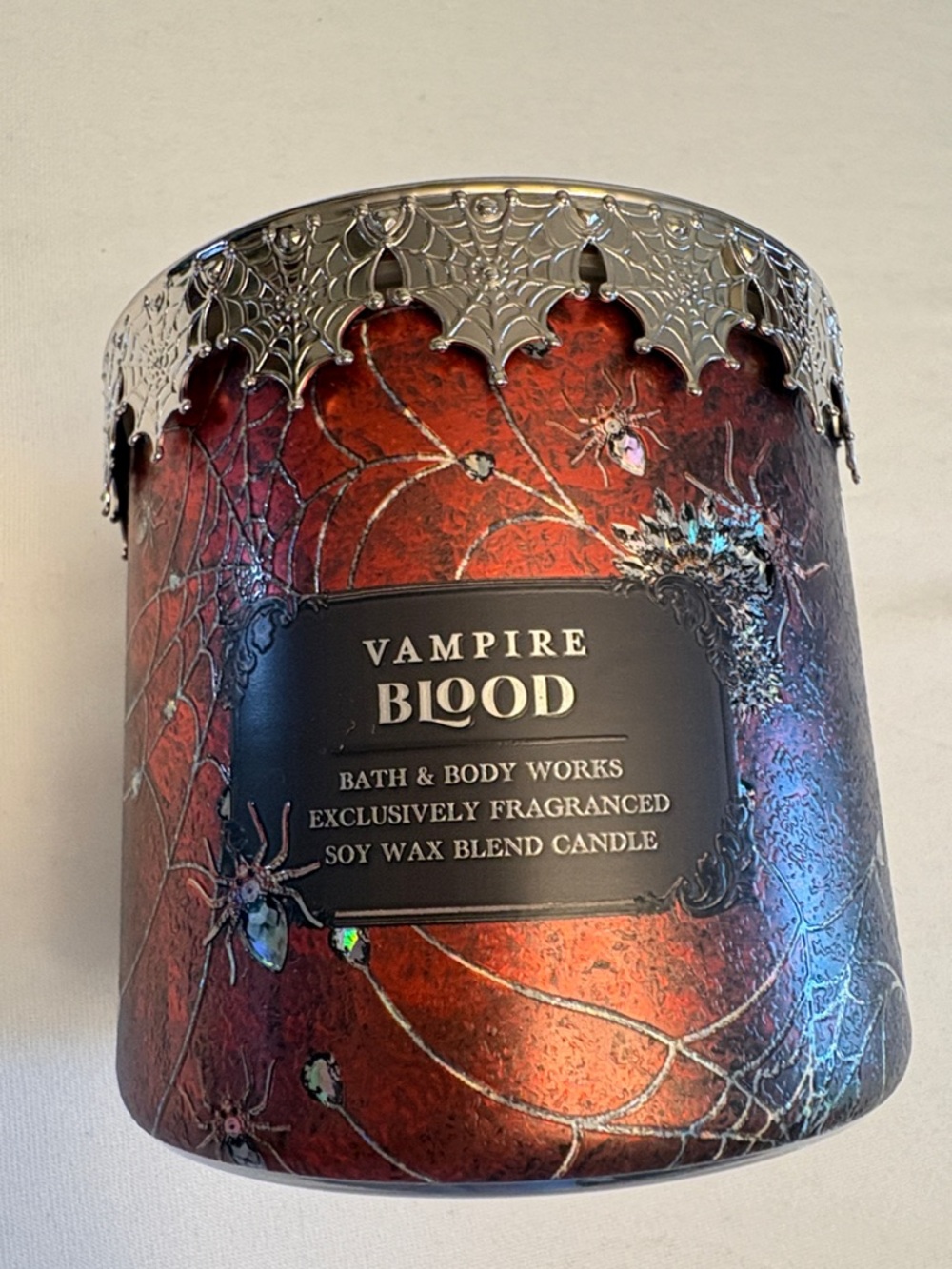 Bath & Body Works Vampire Blood Red Candle with Silver Spiderweb Trim Skull lid - Picture 3 of 6